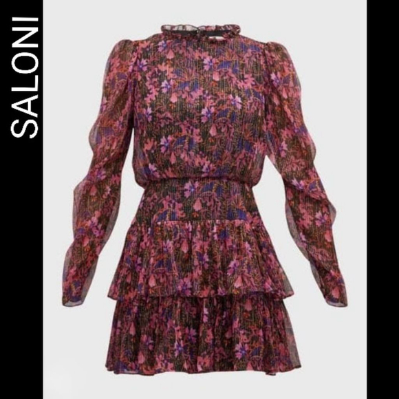 SALONI Dresses & Skirts - Saloni Ava B Silk Tiered Floral Sheer Long Sleeve Dress Canopy Sz 6 Whimsigoth